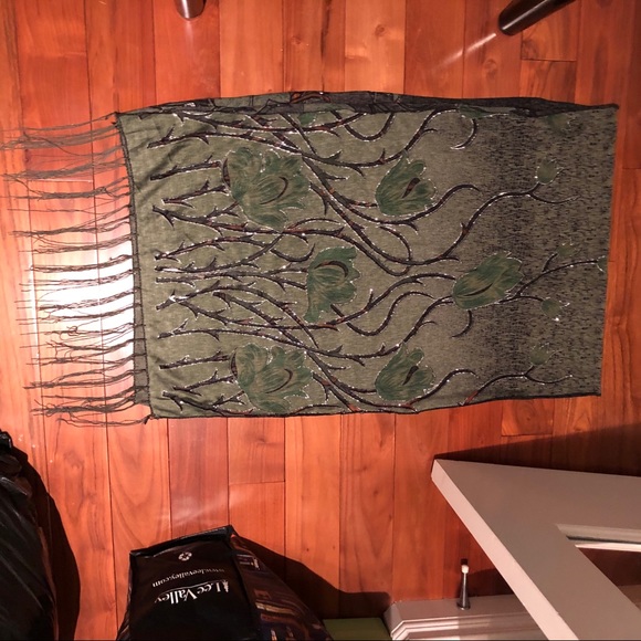 Scarf Gypsy Glitter & Green tassels plants vegan - Picture 5 of 5